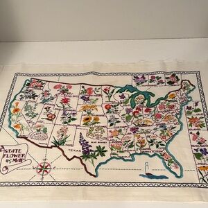 Vintage hand Embroidered U.S. 48 State Flower Map Wall Hanging